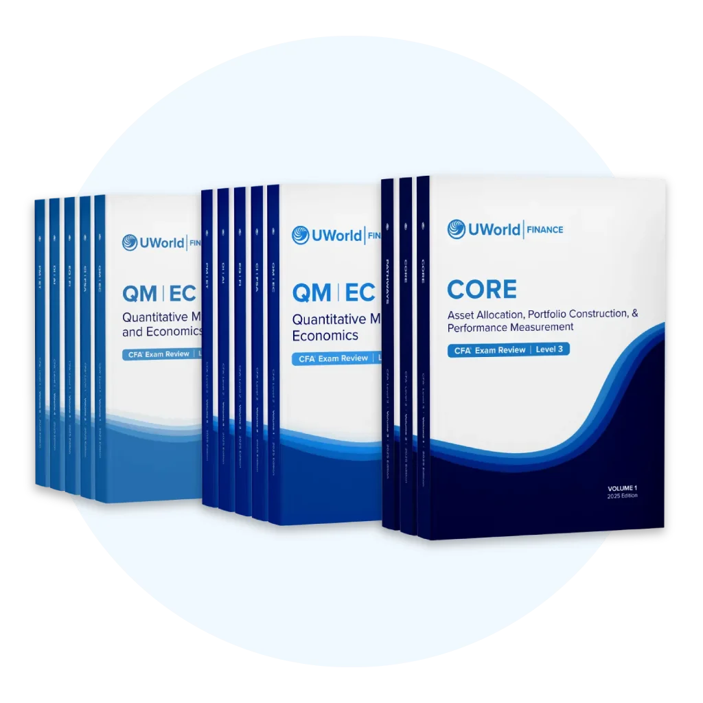 Printed and digital CFA study guides featuring topic summaries and exam practice materials.