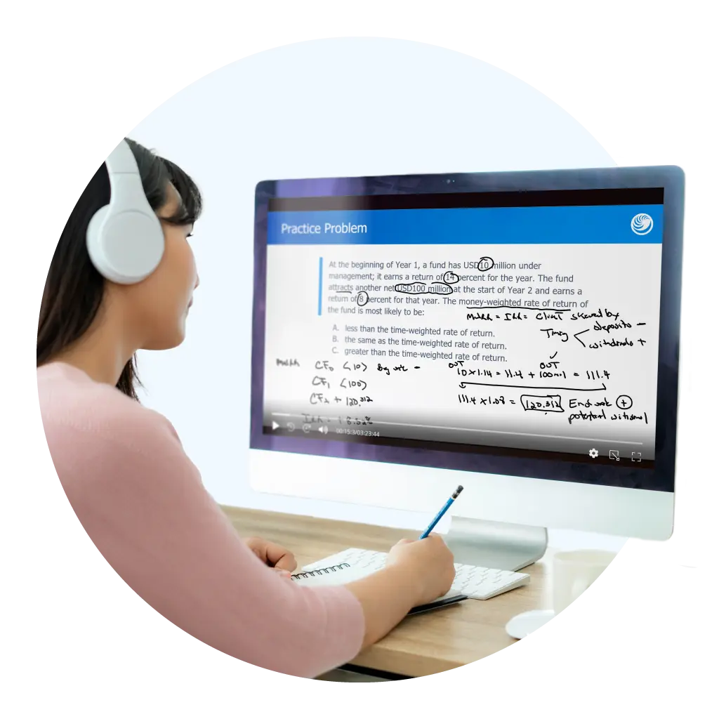 Woman with headphones studies a CFA video showing a financial problem and handwritten solution, taking notes at her desk.