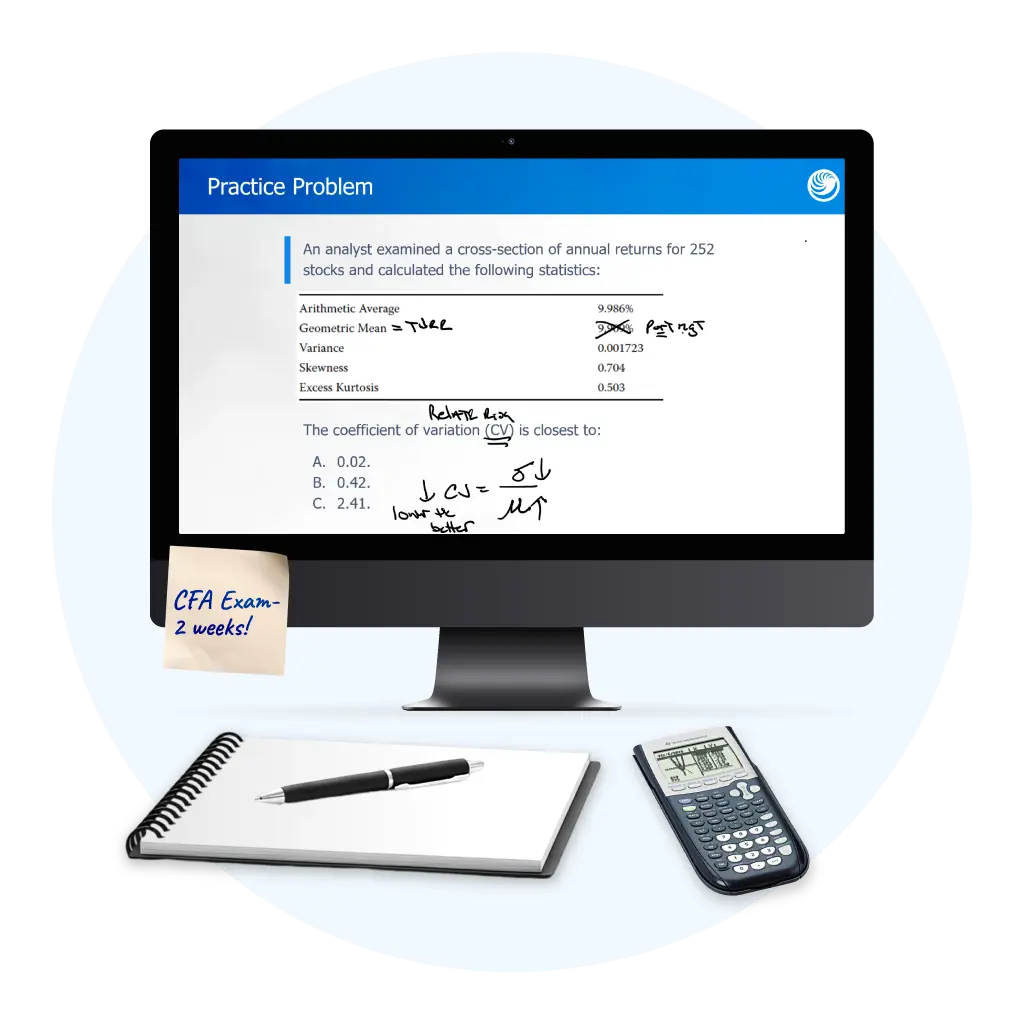 Desktop screen shows a finance problem with notes on coefficient of variation; workspace includes a calculator, notebook, and a 'CFA Exam – 2 weeks!' sticky note.