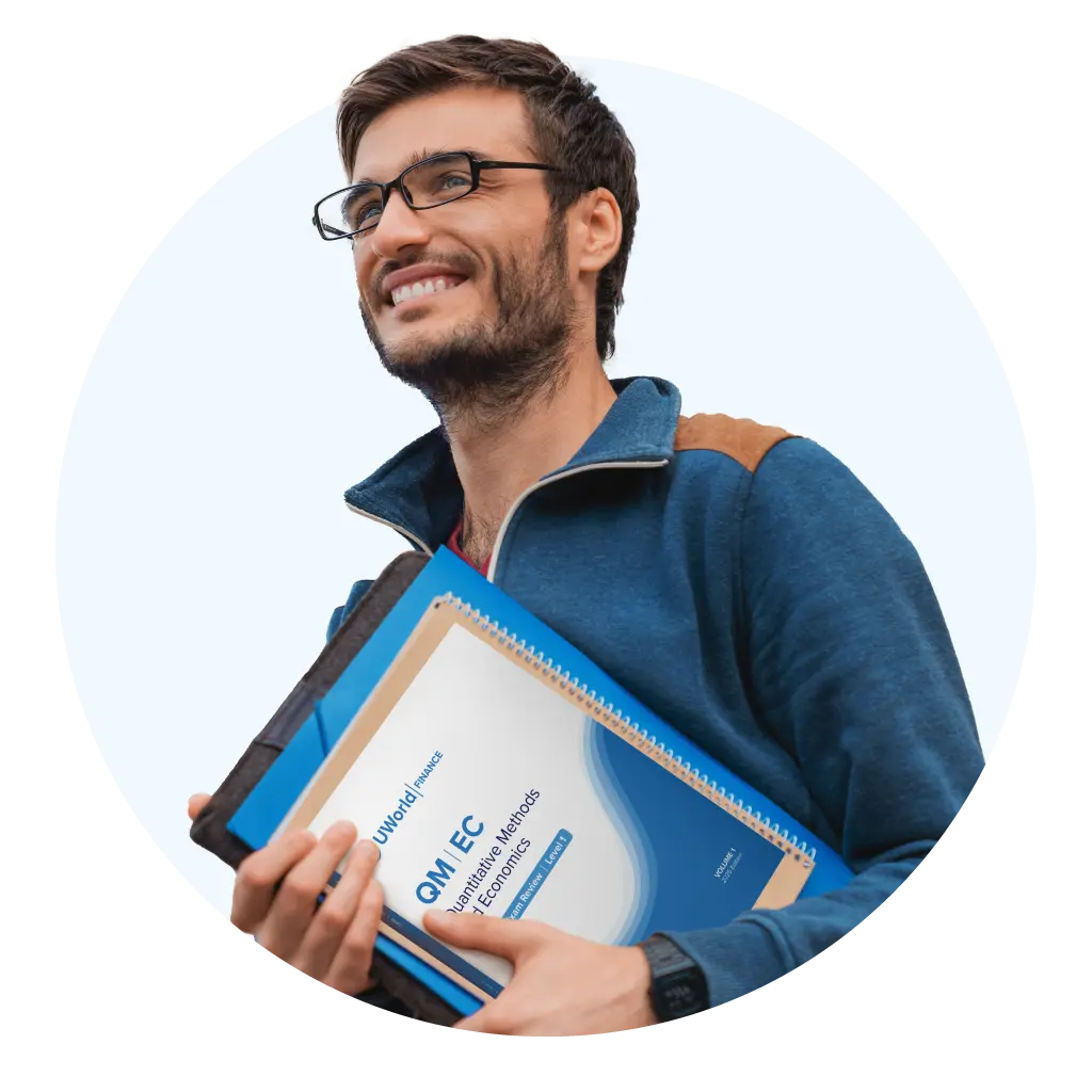 Smiling young man holds UWorld CFA prep book titled 'QMI & EC: Quantitative Methods and Economics,' appearing confident and study-ready.