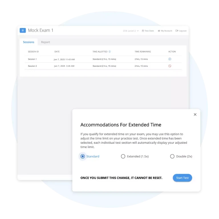 The UWorld CFA mock exam main menu