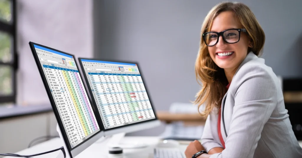 A smiling professional woman in business attire sits at a desk with dual monitors displaying financial spreadsheets, representing the analytical and data-driven nature of a CFA® charterholder's career.