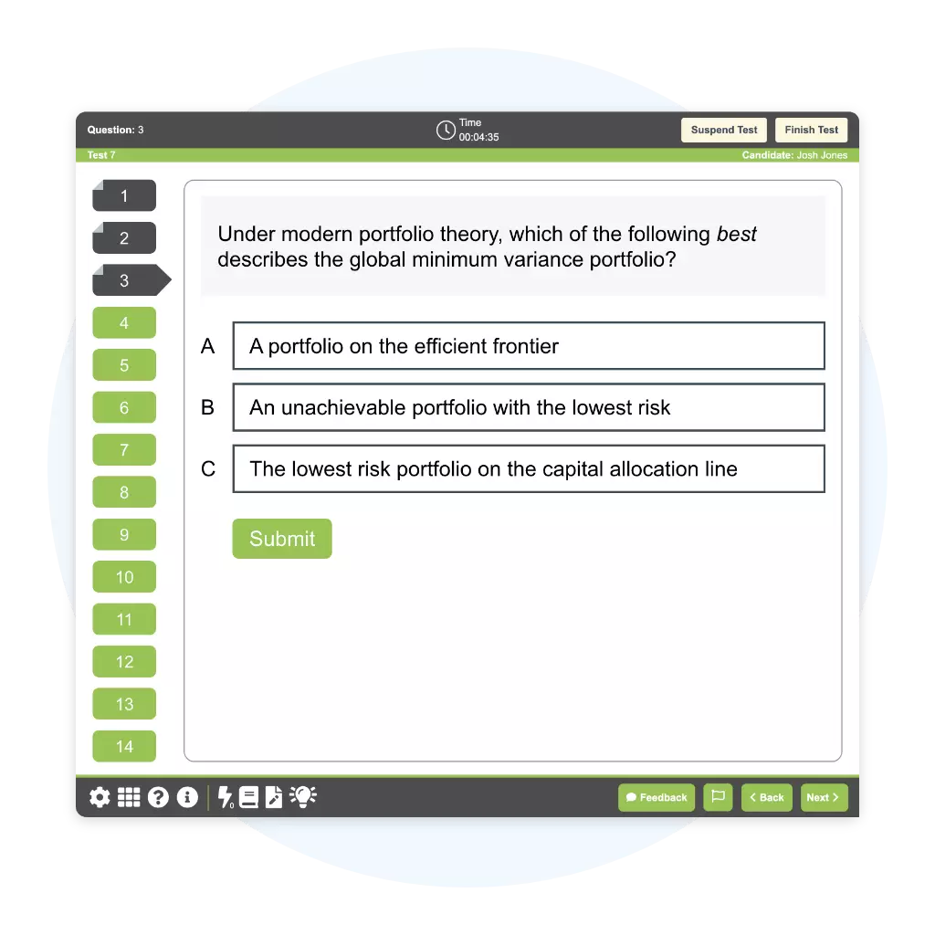 A UWorld CFA mock exam replicating the real CFA exam's Prometric interface